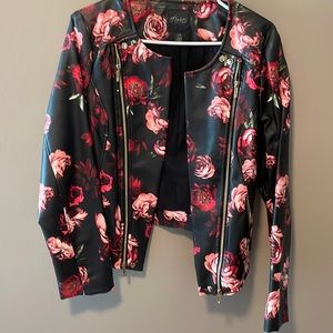 Imitation leather black rose motor cycle jacket